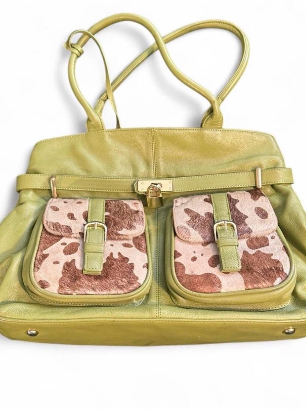 Women’s Green Leather Tote with Cowhide Pocket Accents